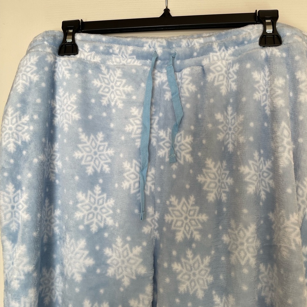 Echo Light Blue Snowflake Plush Lounge Pants. 43 inches long